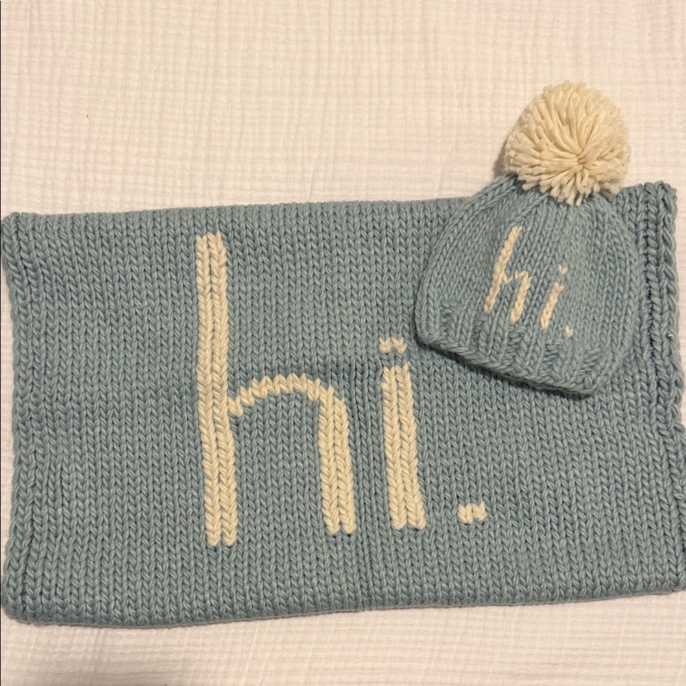 hi. Hand Knit Blanket & Hat Surf Blue